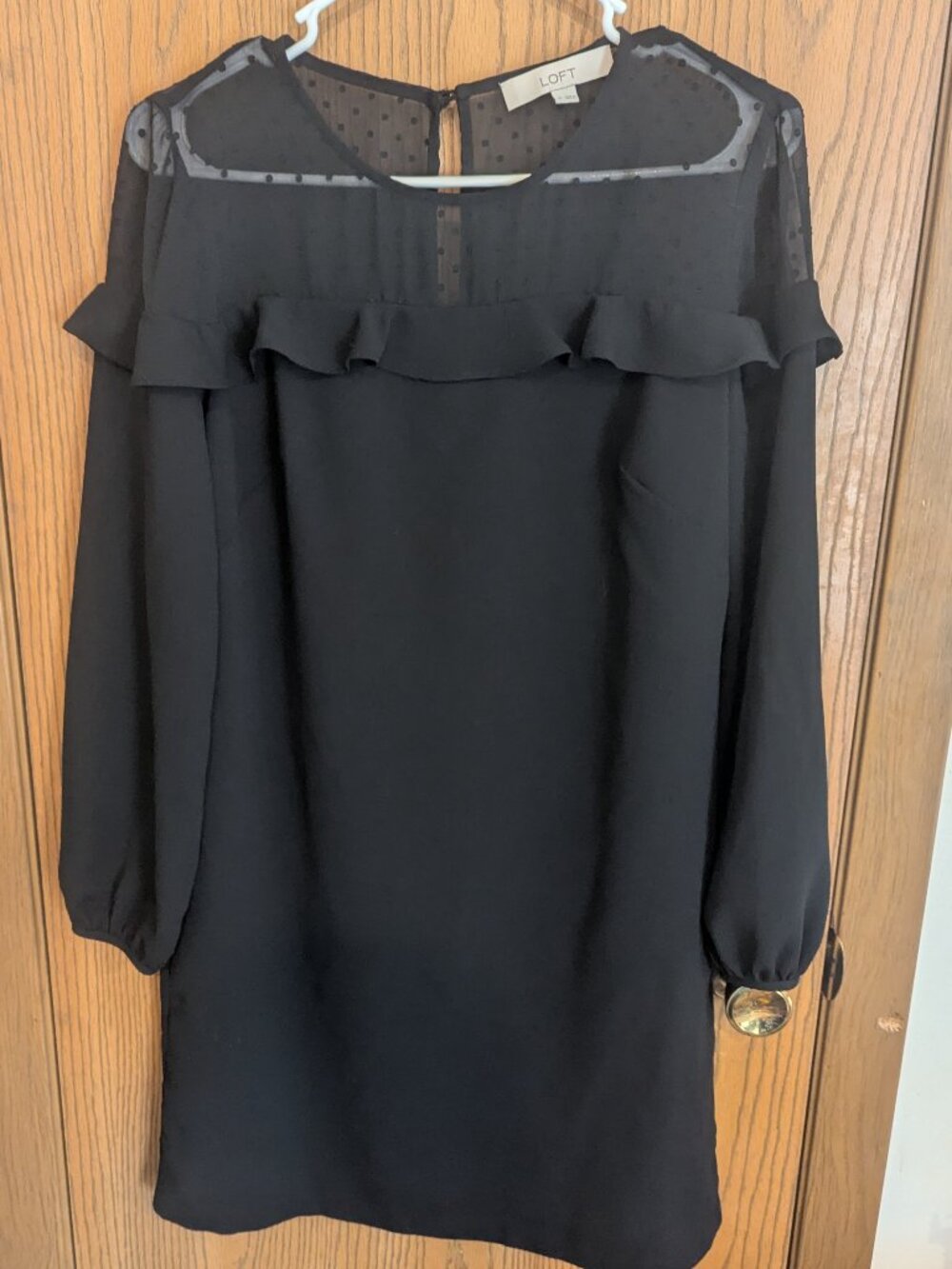 Loft‎ Long Sleeve Sheer Collar Ruffle Dot Black Short Cocktail Dress-Women's 4